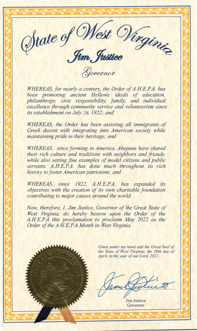 May is “Order of AHEPA Month” in West Virginia!