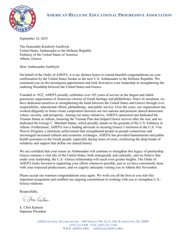 AHEPA Congratulates Newly Confirmed U.S. Ambassador to Greece Guilfoyle