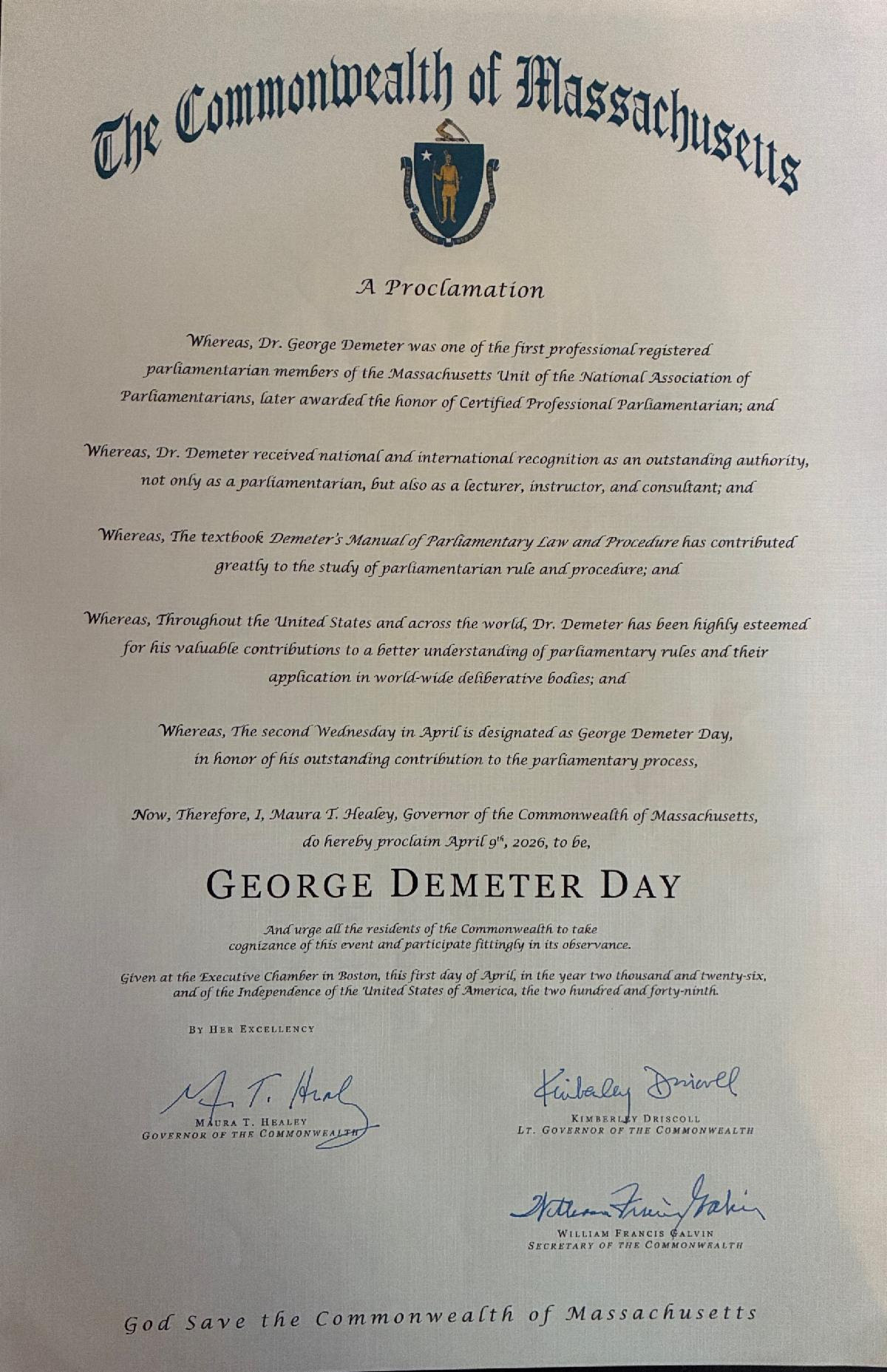 Spring Spotlight: Massachusetts Honors PSP George Demeter and Parliamentary Law Month